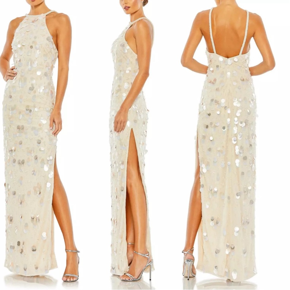 Mac Duggal Crystal Embellished Cascade Open Back Column Gown